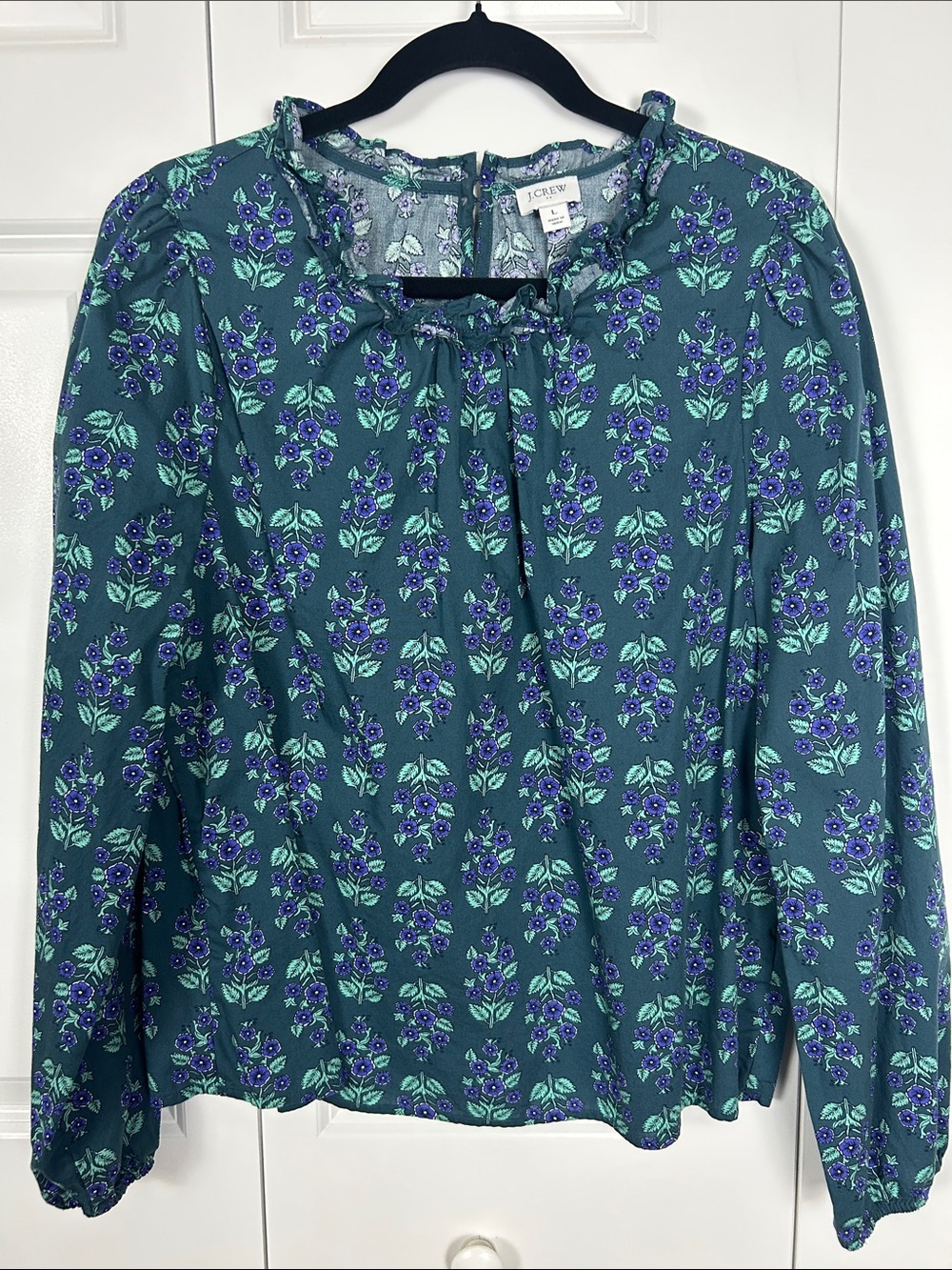 J. Crew Green and Purple Floral Ruffle-Neck Blouse Size Large